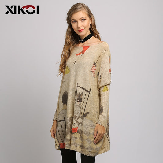 Long Oversized Women Sweater Casual Coat Batwing Sleeve Cat Print Women's Sweaters Clothes Pullovers O-Neck Knitted Dress