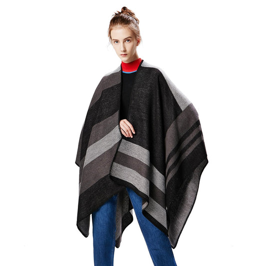 striped print reversible thicker poncho cape