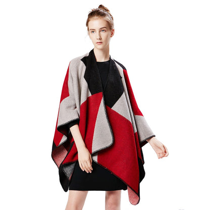 Women patchwork print reversible thicker blanket poncho cape