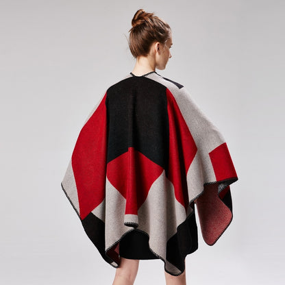 Women patchwork print reversible thicker blanket poncho cape