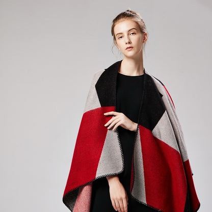 Women patchwork print reversible thicker blanket poncho cape