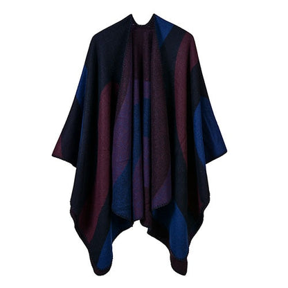 Women patchwork print reversible thicker blanket poncho cape