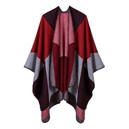 Women patchwork print reversible thicker blanket poncho cape