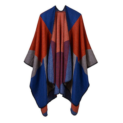 Women patchwork print reversible thicker blanket poncho cape