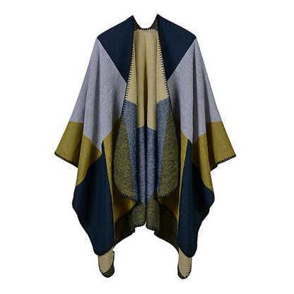 Women patchwork print reversible thicker blanket poncho cape