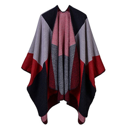 Women patchwork print reversible thicker blanket poncho cape