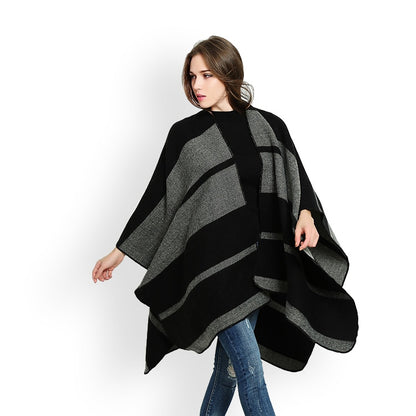 patchwork striped poncho women winter thick warm cape shawl wrap