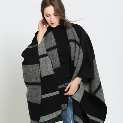 patchwork striped poncho women winter thick warm cape shawl wrap