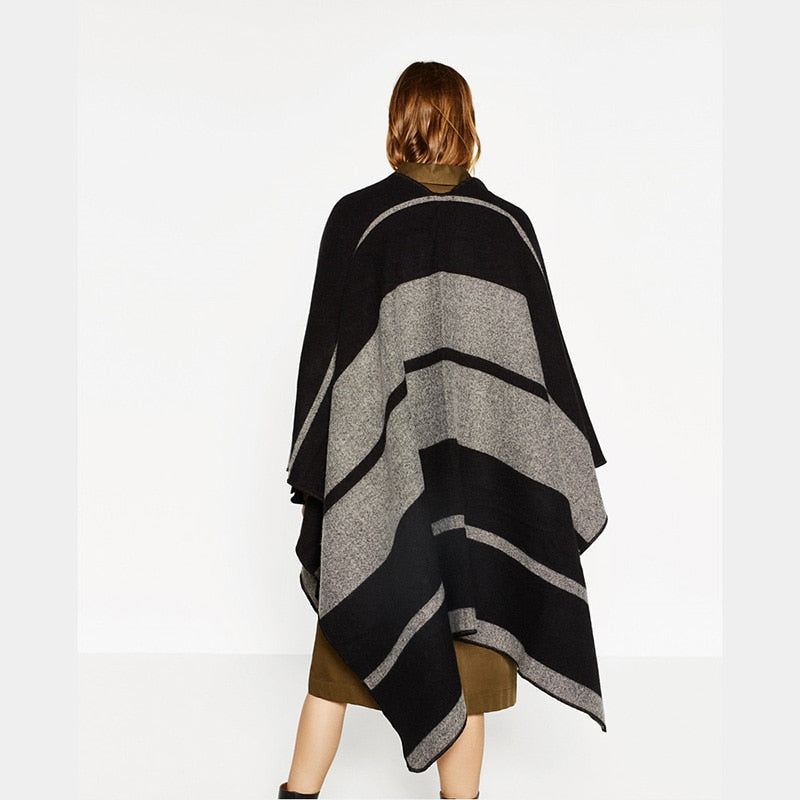 patchwork striped poncho women winter thick warm cape shawl wrap