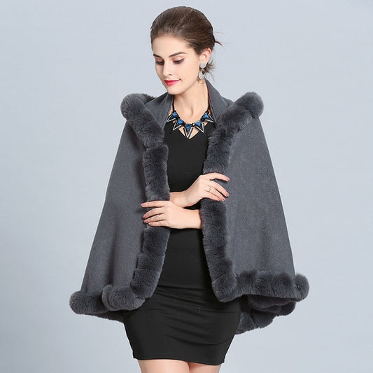 Plus Size Women Winter Soft Fur Collar Loose Poncho Capes