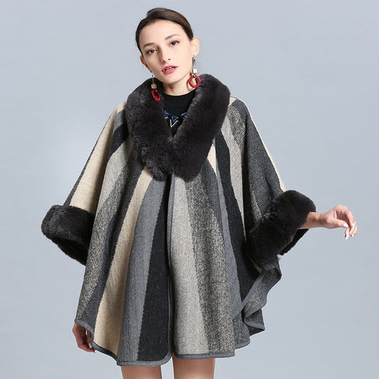 Women's Knitted Cardigan Faux Fur Cape Fashion Striped Ladies Poncho With Fur Sleeves