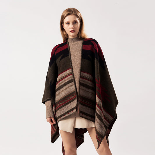 Geometric stripe poncho winter warm cape shawl wraps