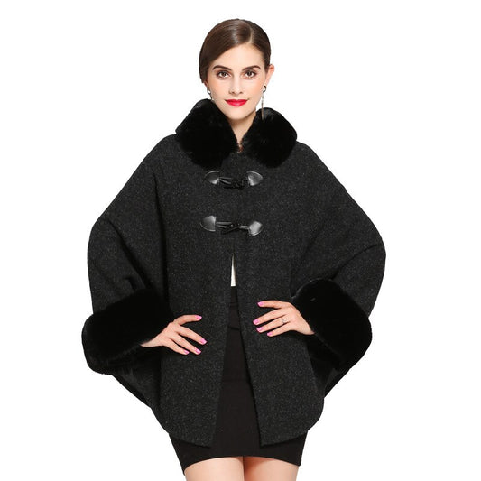 Women Faux Rabbit Fur Collar Cardigan Winter Warm Thick Long Batwing Sleeves Poncho Plus Size Ladies Hairy Coat