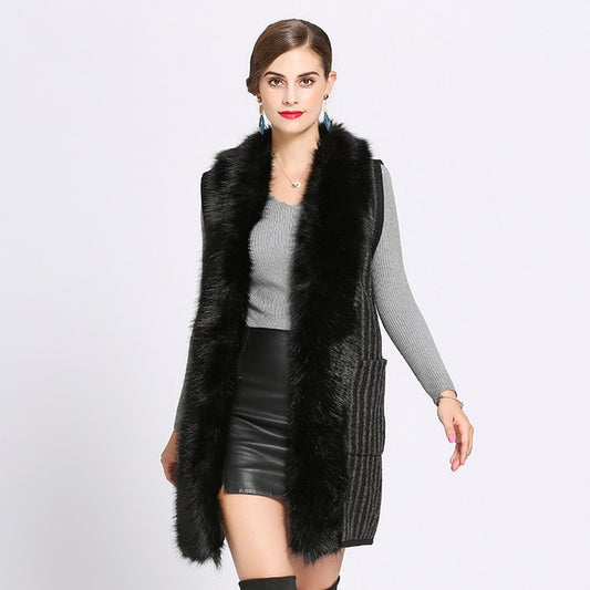 Oversize Coat Women Striped Designer Casual Vest Female Sleeveless Garment Knitted Cardigan Winter Faux Fur Neck Poncho