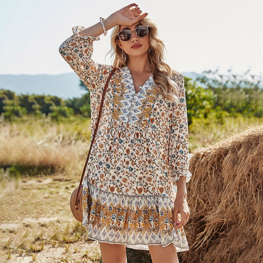 Spring Print Dress Women Casual Butterfly Sleeve V Neck Short Dress For Women Fashion Loose Summer Dress