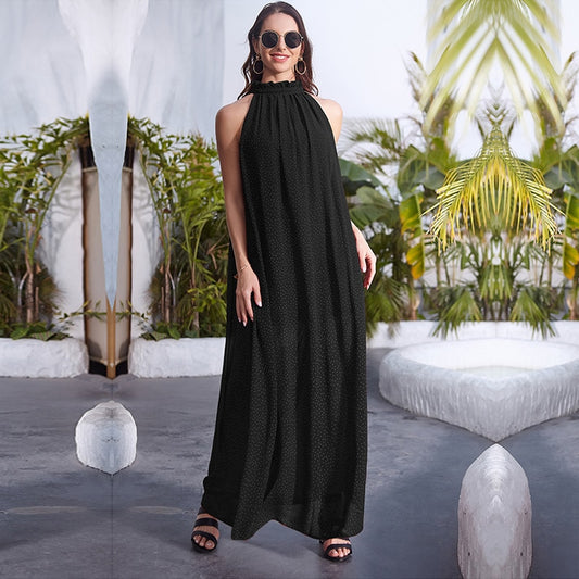 Spring Summer Women's Bohemian Long Halter Dot Print Dress Ladies Half Turtleneck Sleeveless Elegant Holiday Dress