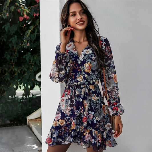 Spring New Print Dress Women Casual Full Sleeve Lace Up High Waist Floral Dress For Women Summer Chiffon Dress