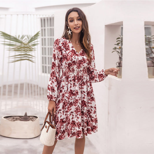 Ladies New Spring Summer Printed Waist Slim Long Sleeve V Neck Dresses Women's Fashion Big Floral Causal Long Pleated Dress